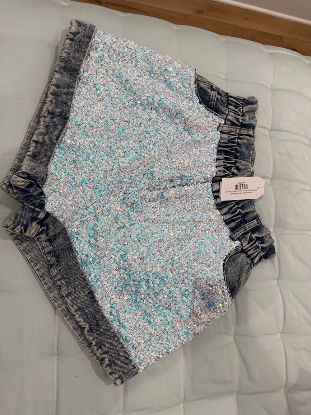 Fantastic Fawn Iridescent Sequin & Gray Denim Ruffle Waist Shorts